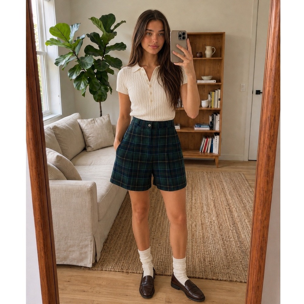 Vintage Womens Plaid Shorts 8 Green High Rise Pleated Preppy Academia
